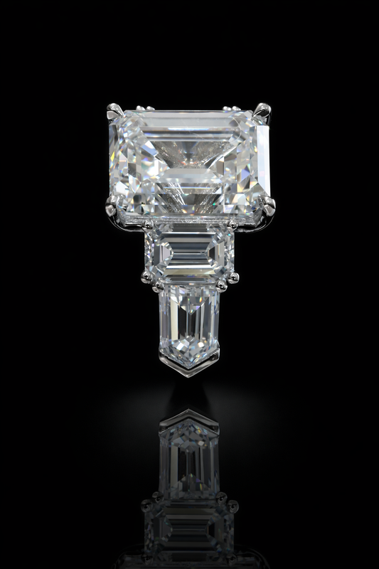 Emerald-Cut Lab-Grown Diamond Three-Stone Ring in White Gold | Emerald Side Stones