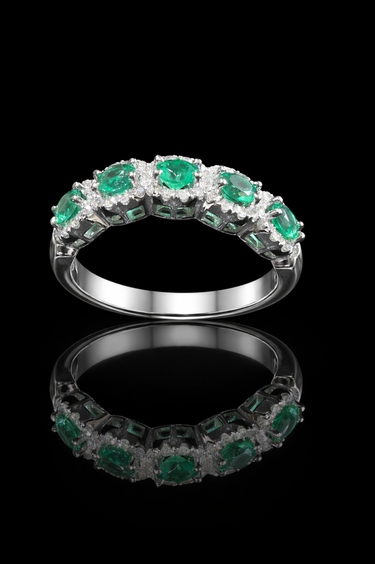 Emerald & Diamond Halo Band in White Gold | Round Emeralds & Brilliant Diamond Accents