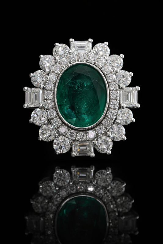Oval Emerald Halo Ring in White Gold | Diamond Accents & Classic Double Halo Design