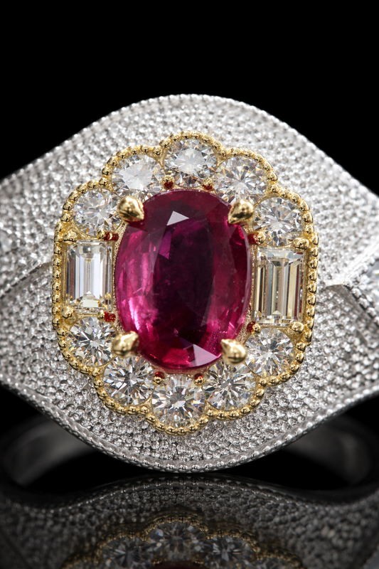 Regal Oval Ruby Pavé Dome Ring in White Gold | Scalloped Halo & Diamond-Set Shoulders