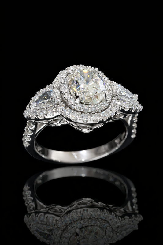GIA Certified Natural Diamond Halo Engagement Ring with Pear Accent in White Gold | Luxury Double Halo Design