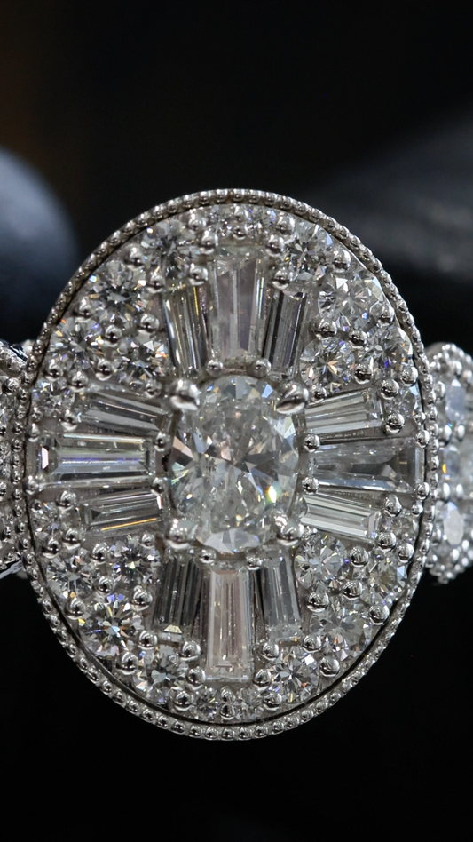 Natural White Diamond Oval Halo Ring with Mixed-Cut Starburst Mosaic in White Gold | Vintage-Inspired Statement Design