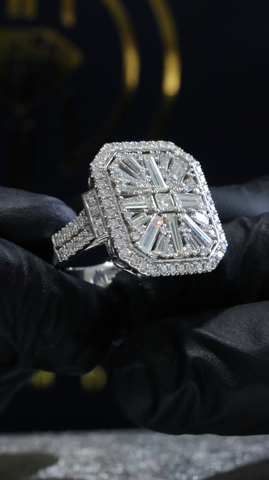 Natural Diamond Cushion Halo Ring with Mixed-Cut Baguette Mosaic in White Gold | Vintage-Inspired Statement Design
