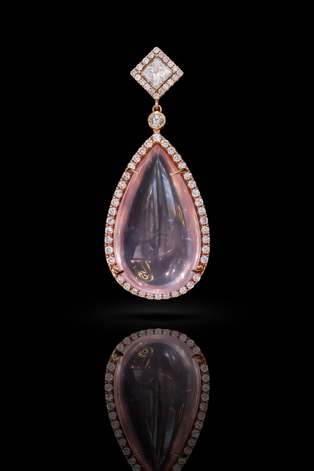 14k rose gold rose quartz pear halo drop earrings 35 carat gemstone with 2 carat GH SI diamonds luxury Houston jewelry
