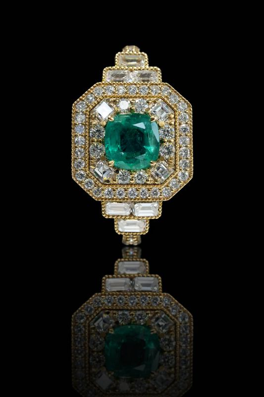 Natural Emerald Halo Three-Stone Ring 14K Yellow Gold | 0.90 CT houston jeweler