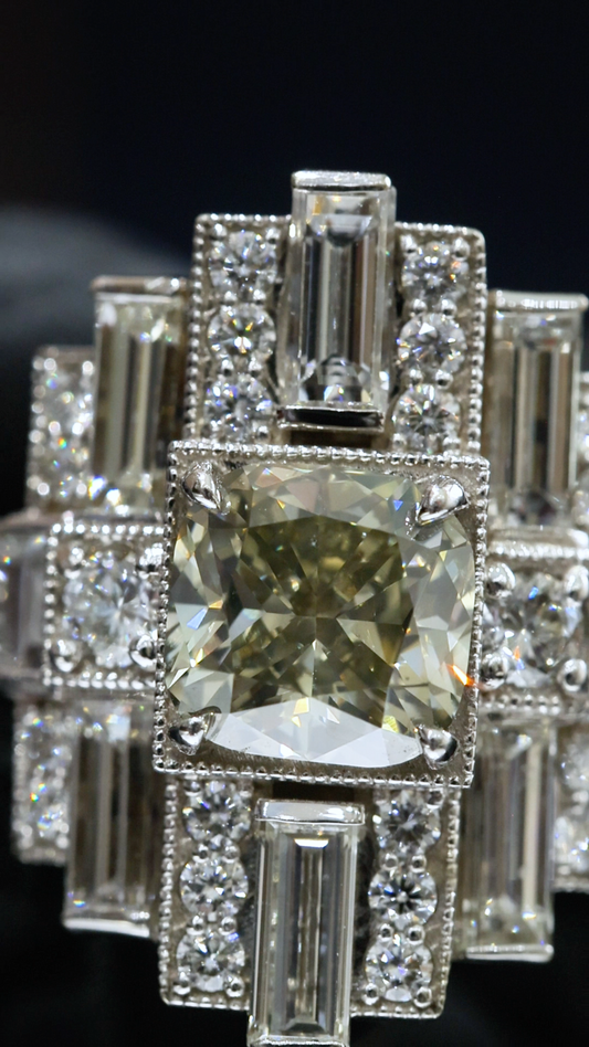 GIA Certified Natural Cushion Cut Diamond Engagement Ring with Baguette Halo in White Gold | Art Deco Statement Design