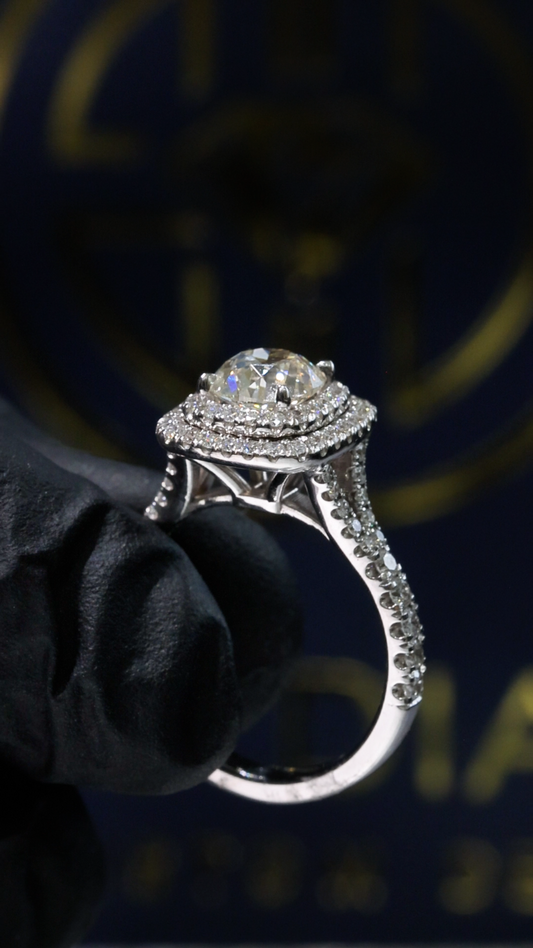 GIA Certified Natural Round Diamond Engagement Ring with Double Halo Pavé Band in 18K White Gold | Classic Luxury Design