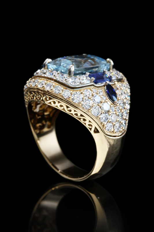 Natural Aquamarine & Sapphire Halo Statement Ring 14K White Gold | 5.88 CT houston jeweler