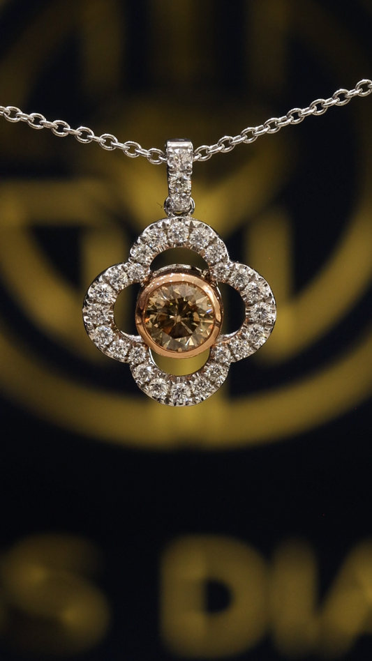 Natural Fancy Yellow Diamond Clover Halo Pendant in Rose & White Gold | Elegant Floral Design