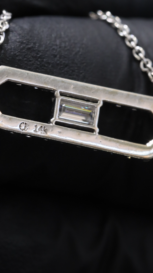 Natural Diamond Geometric Bar Pendant Necklace In White Gold | Emerald-Cut Center Design