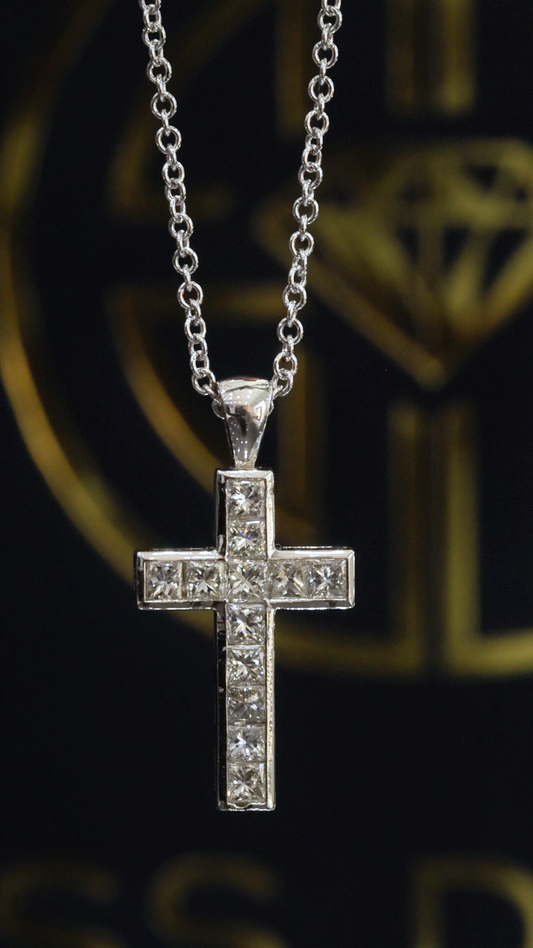 Natural Diamond Cross Pendant Necklace in 14K White Gold | Princess Cut Channel Setting
