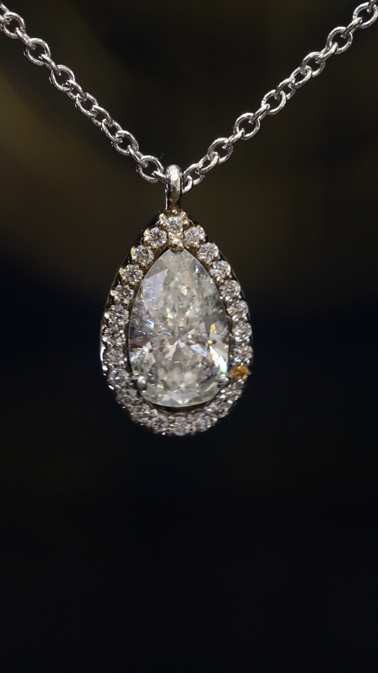 Natural Pear Diamond Halo Necklace in White Gold | Classic Teardrop Elegance