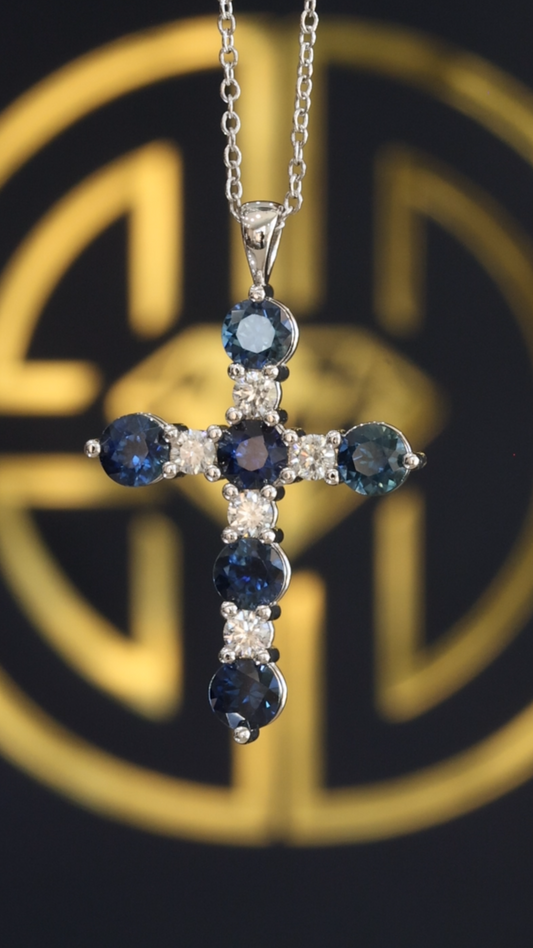 Natural Sapphire & Diamond Cross Pendant Necklace in 14K White Gold | Alternating Round Gemstone Design