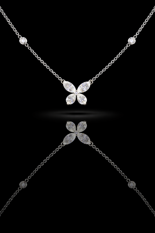 Natural Diamond Butterfly Pendant Necklace in White Gold | Marquise Cluster Design