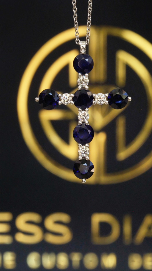 Natural Sapphire & Diamond Cross Pendant Necklace in 14K White Gold | Round Blue Sapphire & Diamond Accent