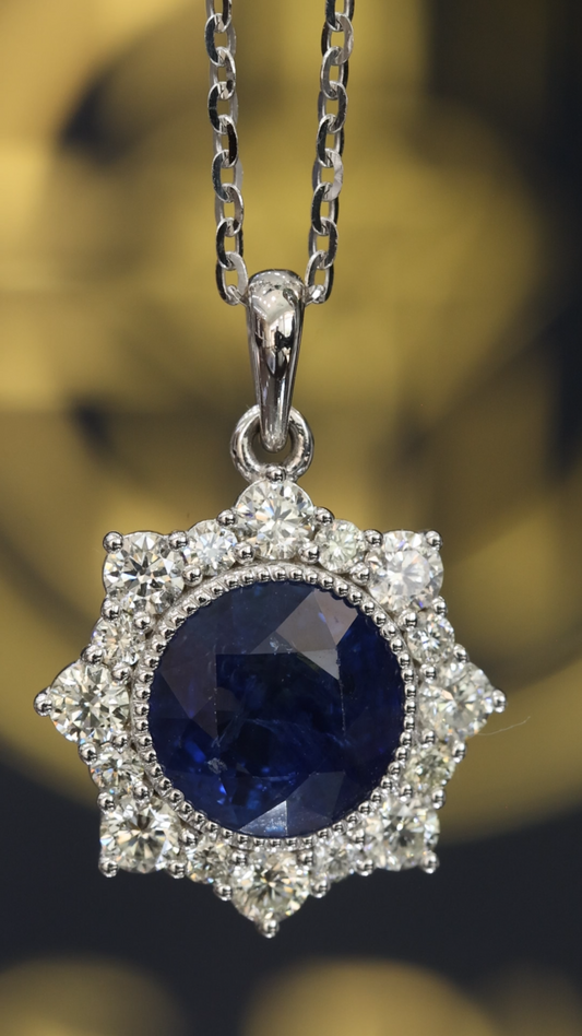 Natural Round Blue Sapphire & Diamond Halo Pendant Necklace in 14K White Gold | Classic Round Brilliant Accent