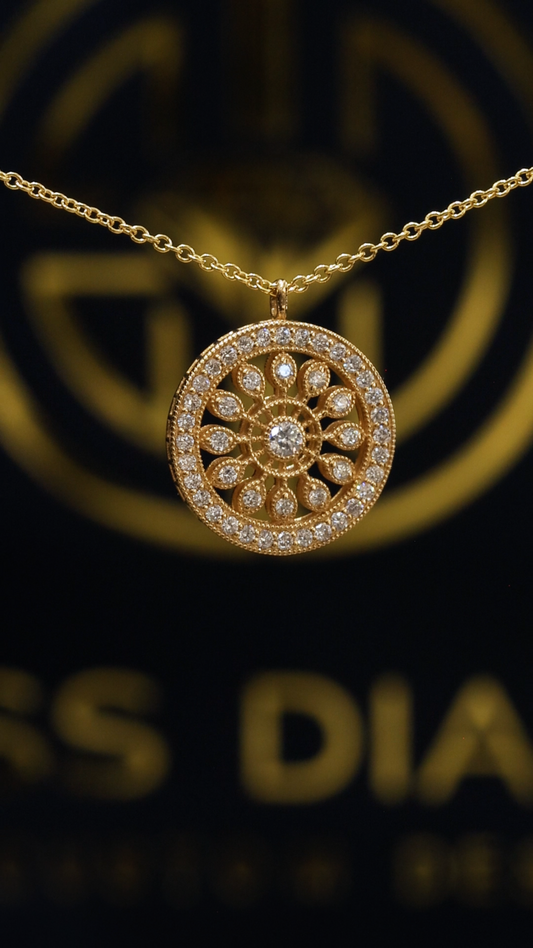 Natural Diamond Openwork Circle Pendant in Yellow Gold | Vintage-Inspired Medallion Design
