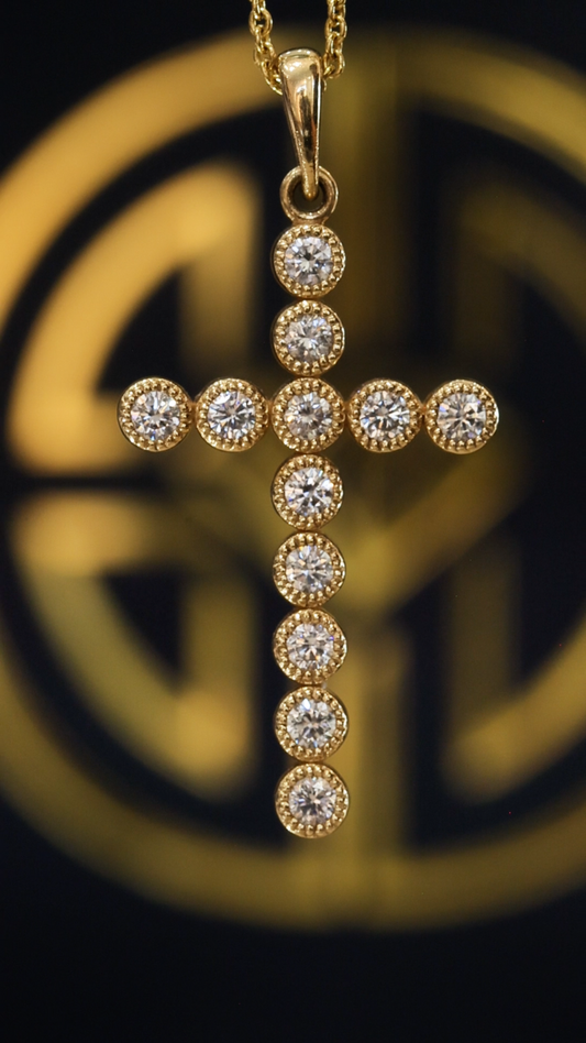 Natural Round Diamond Cross Pendant Necklace in 14K Yellow Gold | Bezel-Set Diamond Drop Cross