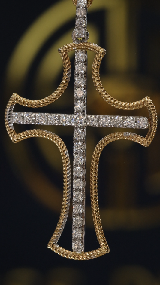 Natural Diamond Rope Cross Necklace in Yellow Gold | Pavé Cross Pendant