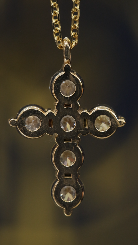 Natural Round Diamond Cross Necklace in 14K Yellow Gold | Classic Prong Set Design