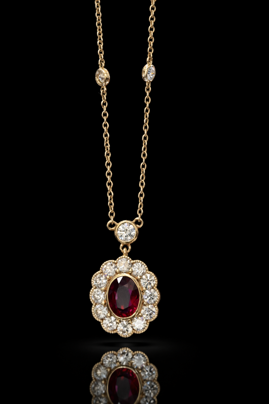 Natural Ruby & Diamond Halo Pendant Necklace in 14K Yellow Gold | Oval Ruby with Round Brilliant Diamond Frame