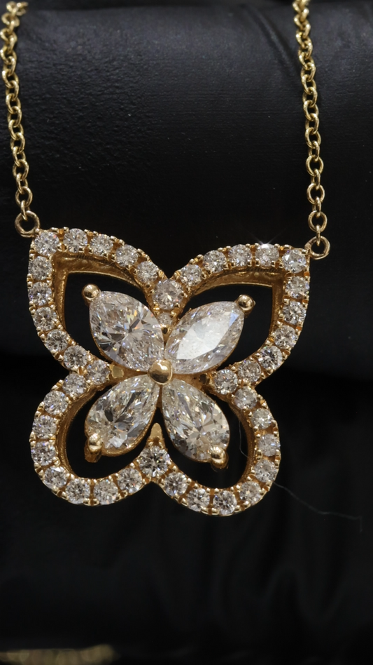 Natural Diamond Butterfly Necklace in Yellow Gold | Double Halo Design