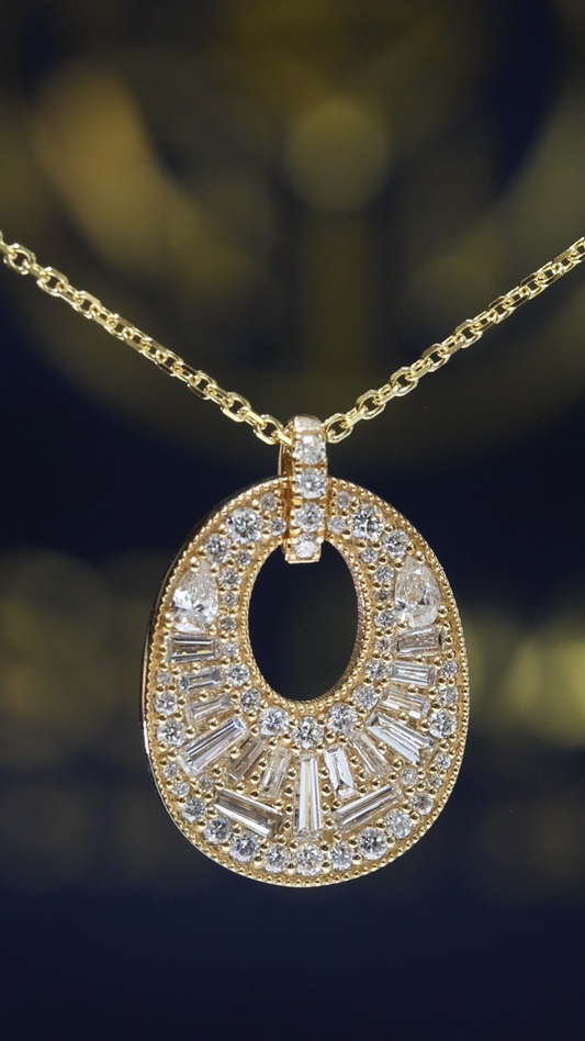 Natural Diamond Open Oval Pendant Necklace in Yellow Gold | Baguette Halo Design