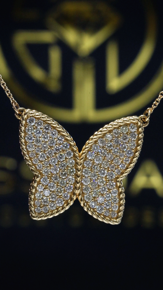 Natural Diamond Butterfly Necklace in Yellow Gold | Pavé Set Statement Design