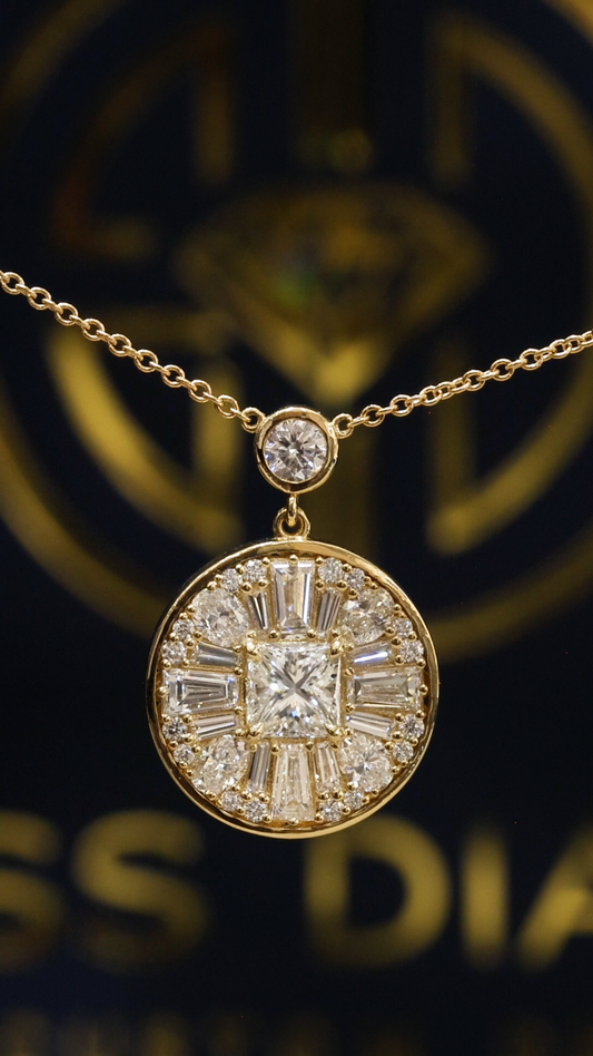 Natural Diamond Round Halo Pendant Necklace in Yellow Gold | Princess-Cut Center