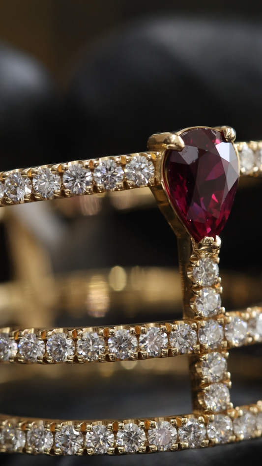 Radiant Ruby Pear Cross-Bar Ring in Yellow Gold | Triple Diamond Band Statement Design