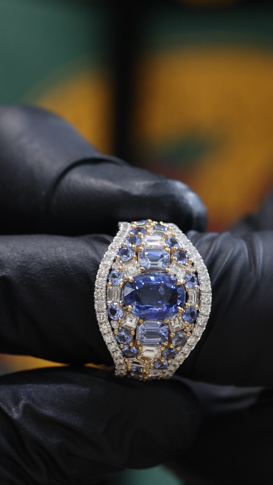 Dome Blue Sapphire Diamond Cluster Ring 14k White Gold | 3.24 CTW