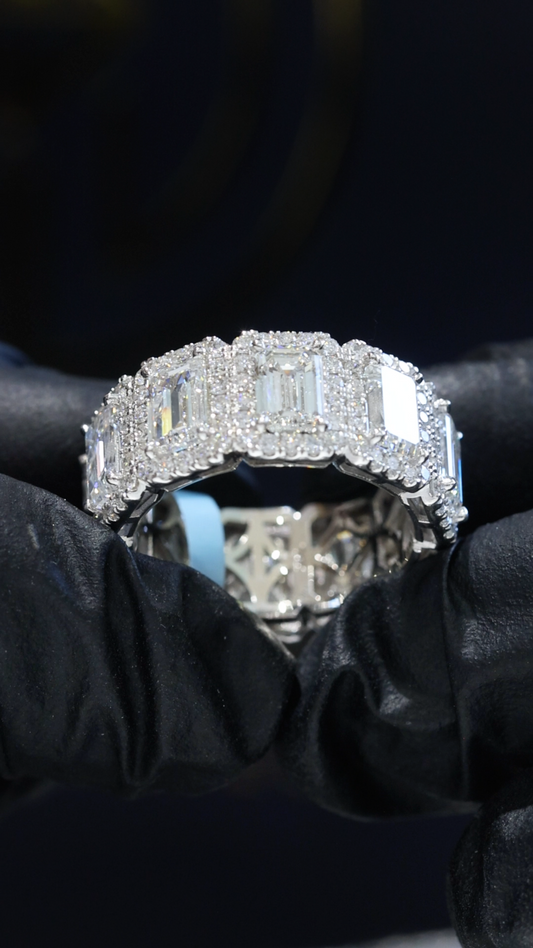 Emerald-Cut Lab-Grown Diamond Eternity Band with Halo Accents in White Gold | Luxury Prong-Set Design