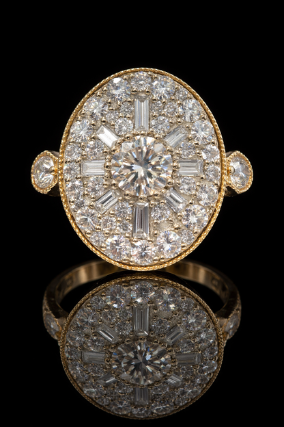 Natural Fancy Brown Diamond Oval Halo Ring with Mixed-Cut Mosaic in Yellow Gold | Vintage-Inspired Statement Design