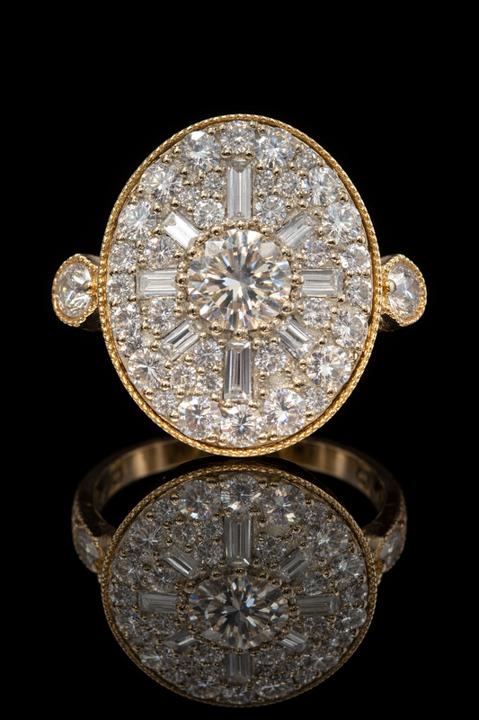 Natural Fancy Brown Diamond Oval Halo Ring with Mixed-Cut Mosaic in Yellow Gold | Vintage-Inspired Statement Design