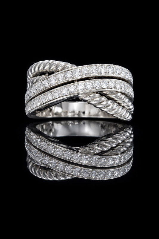Natural Diamond Double Pavé Rope Band Ring in White Gold | Classic Statement Design