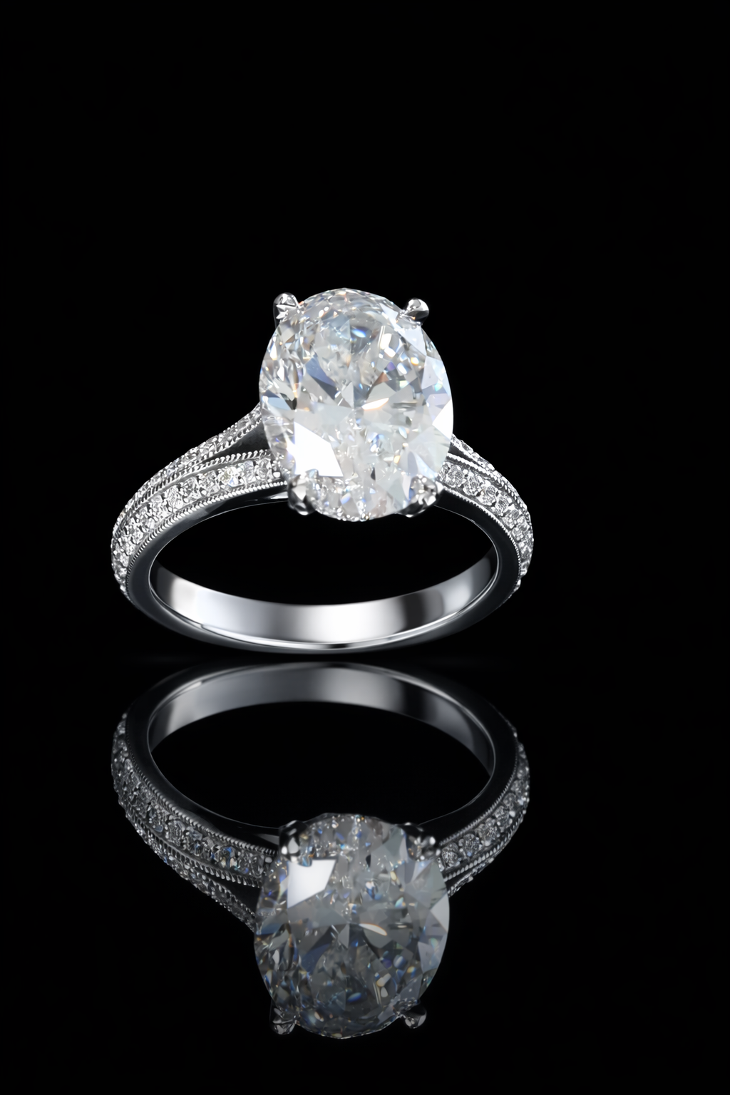 Oval-Cut Lab-Grown Diamond Split Shank Engagement Ring in White Gold | Pavé Cathedral Setting