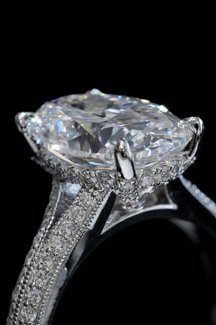 Oval-Cut Lab-Grown Diamond Split Shank Engagement Ring in White Gold | Pavé Cathedral Setting