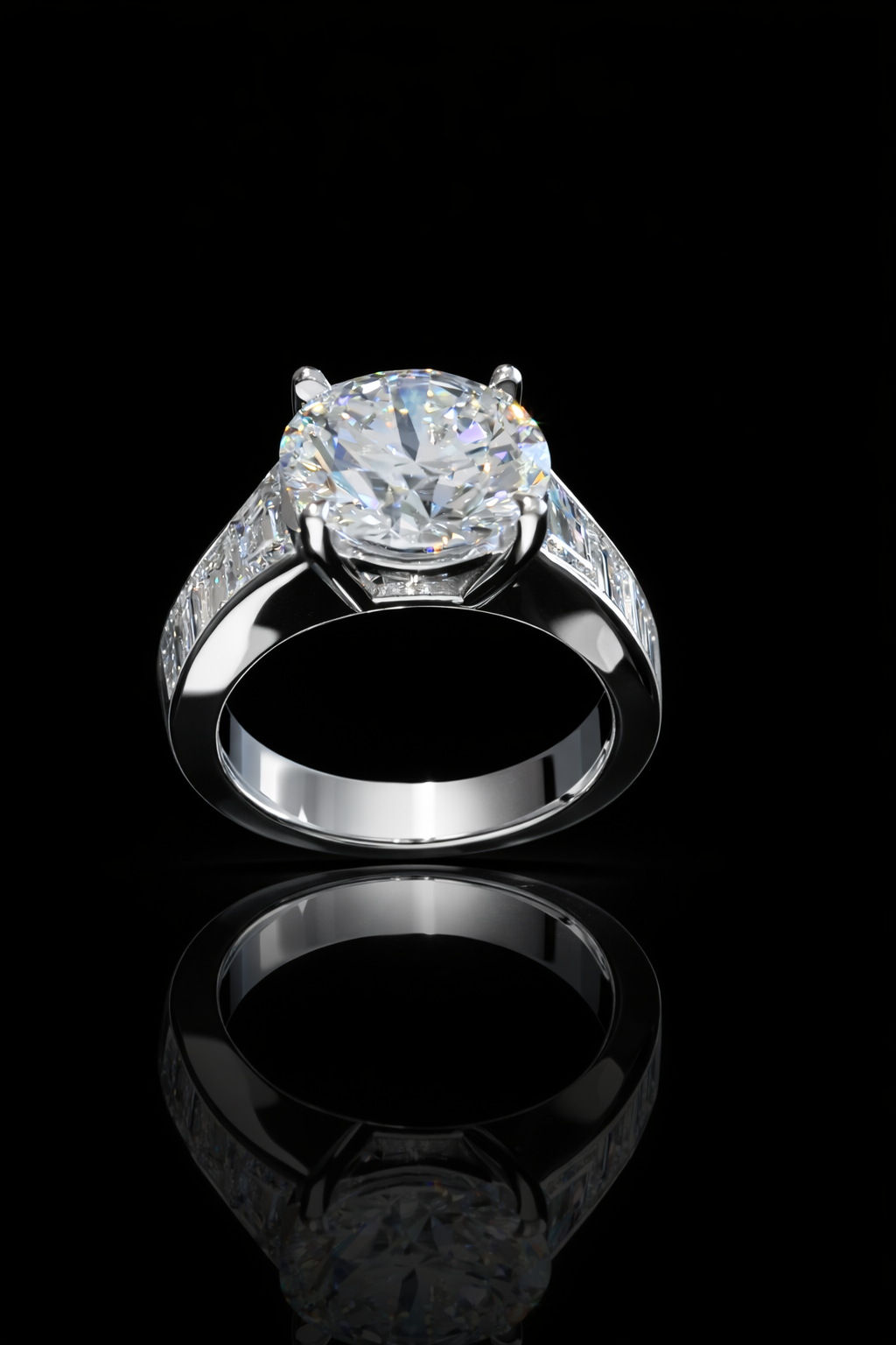 Round-Cut Lab-Grown Diamond Engagement Ring in White Gold | Baguette Side Stone Setting