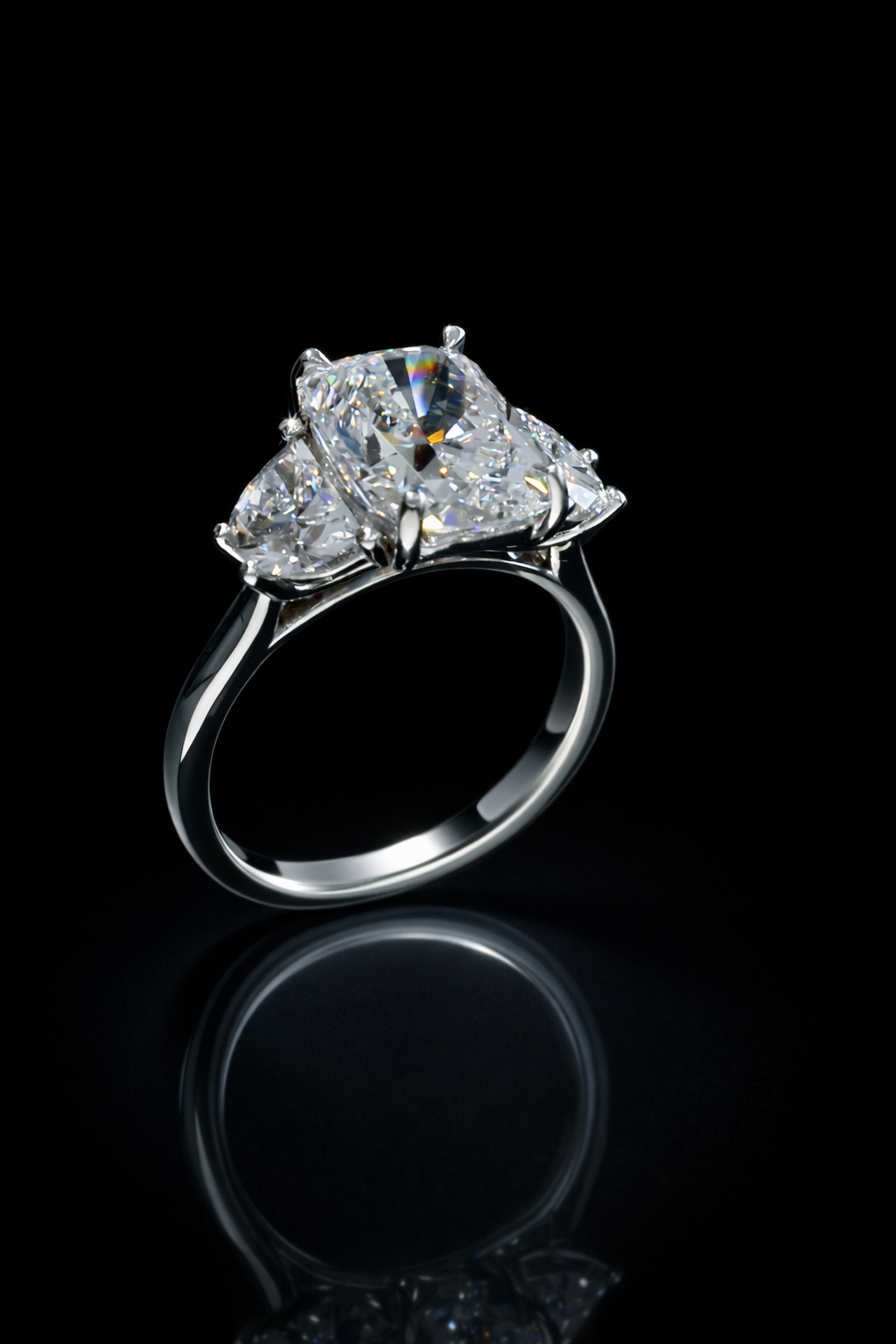 Cushion-Cut Lab-Grown Diamond Three-Stone Ring in White Gold | Tapered Side Stone Setting