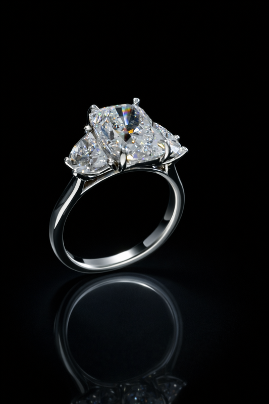 Cushion-Cut Lab-Grown Diamond Three-Stone Ring in White Gold | Tapered Side Stone Setting