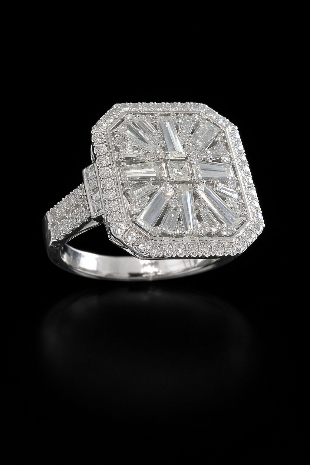 Natural Diamond Cushion Halo Ring with Mixed-Cut Baguette Mosaic in White Gold | Vintage-Inspired Statement Design