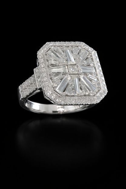 Natural Diamond Cushion Halo Ring with Mixed-Cut Baguette Mosaic in White Gold | Vintage-Inspired Statement Design