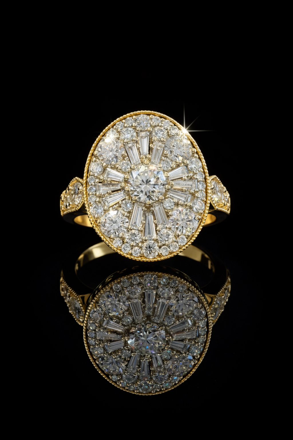 Oval Diamond Mosaic Halo Ring with Mixed-Cut Design in Two-Tone Gold | Elegant Statement Style