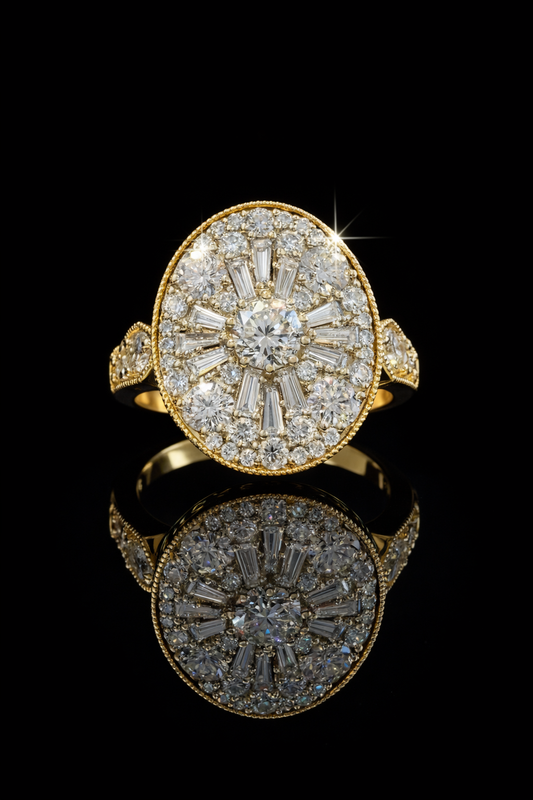 Oval Diamond Mosaic Halo Ring with Mixed-Cut Design in Two-Tone Gold | Elegant Statement Style