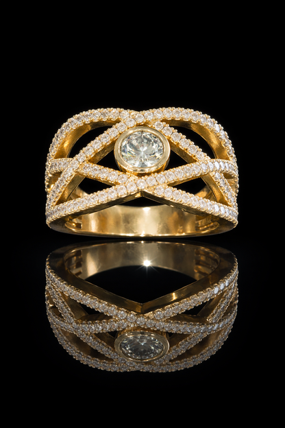 Natural Fancy Yellow Diamond Infinity Ring with Pavé Crisscross Design in Yellow Gold | Elegant Statement Style
