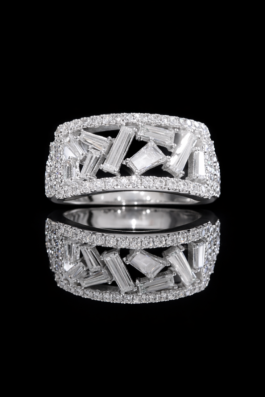 Natural Diamond Baguette Mosaic Wide Band Ring in White Gold | Modern Architectural Design