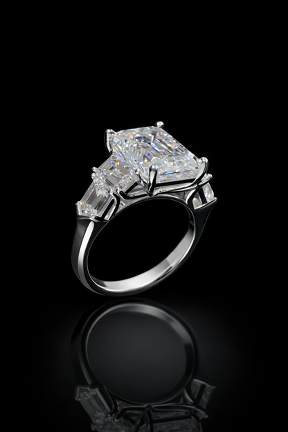 Emerald-Cut Lab-Grown Diamond Three-Stone Ring in White Gold | Emerald Side Stones