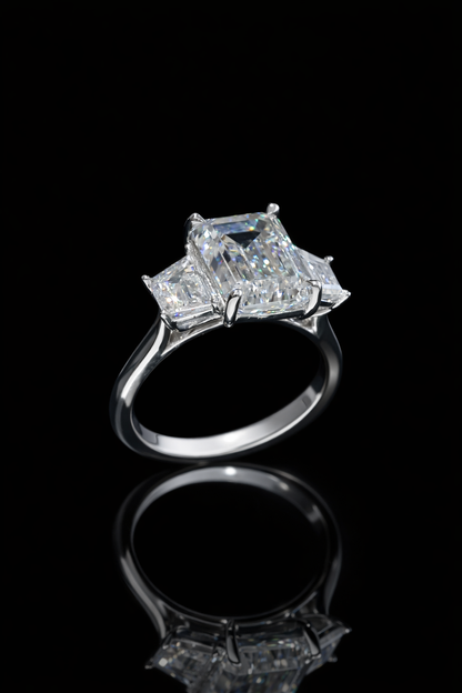 Emerald-Cut Lab-Grown Diamond Three-Stone Ring in White Gold | Baguette Accent Setting