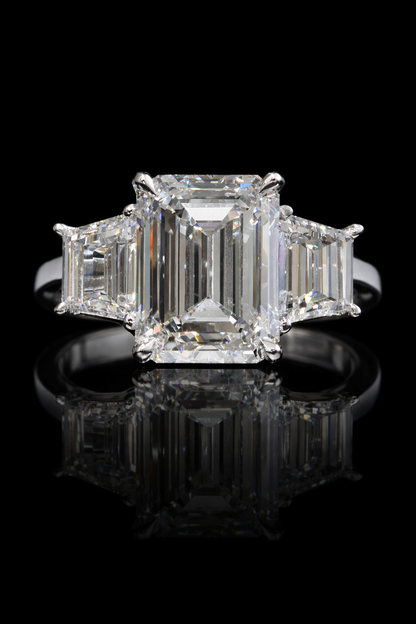 Emerald-Cut Lab-Grown Diamond Three-Stone Ring in White Gold | Baguette Accent Setting