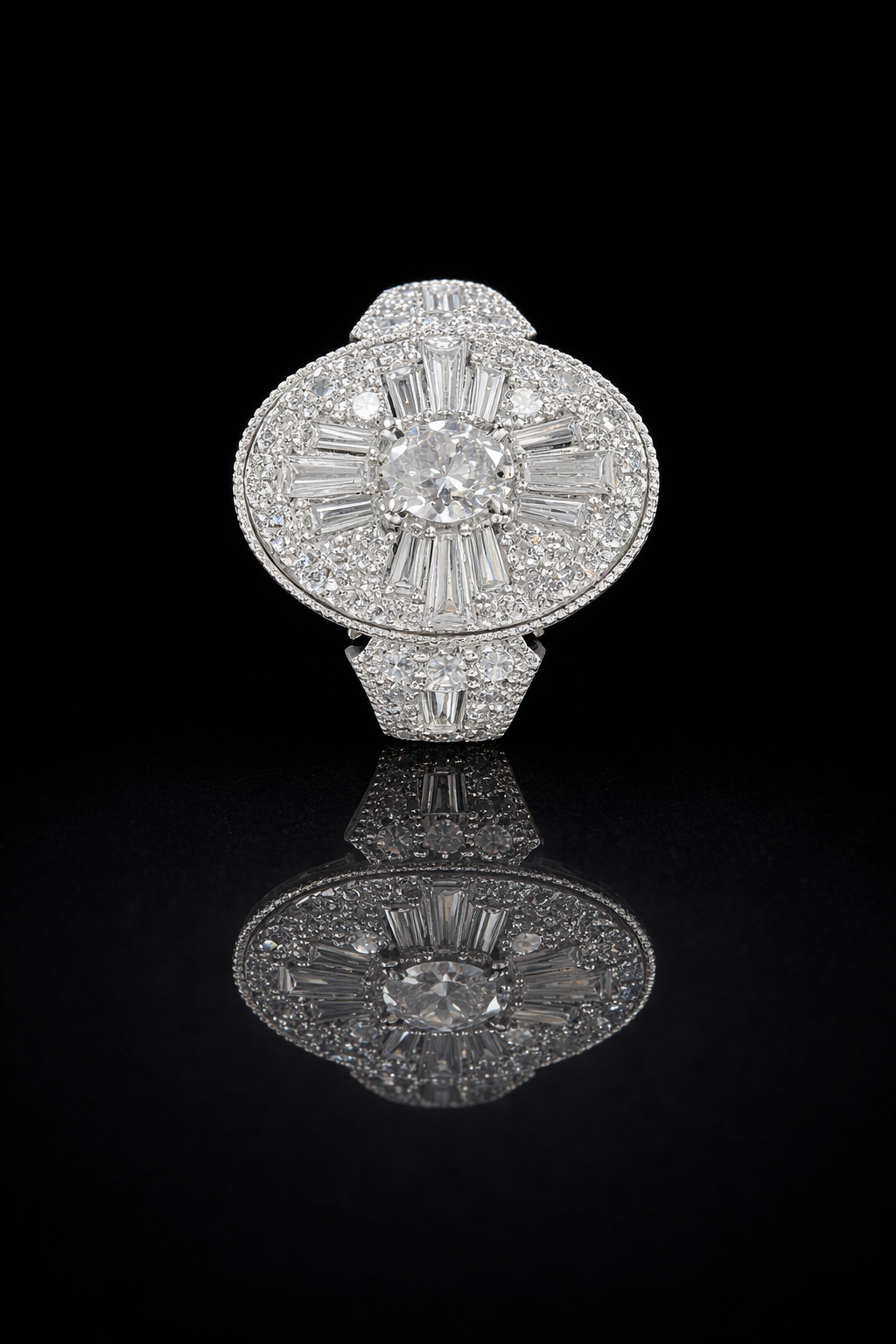 Natural White Diamond Oval Halo Ring with Mixed-Cut Starburst Mosaic in White Gold | Vintage-Inspired Statement Design